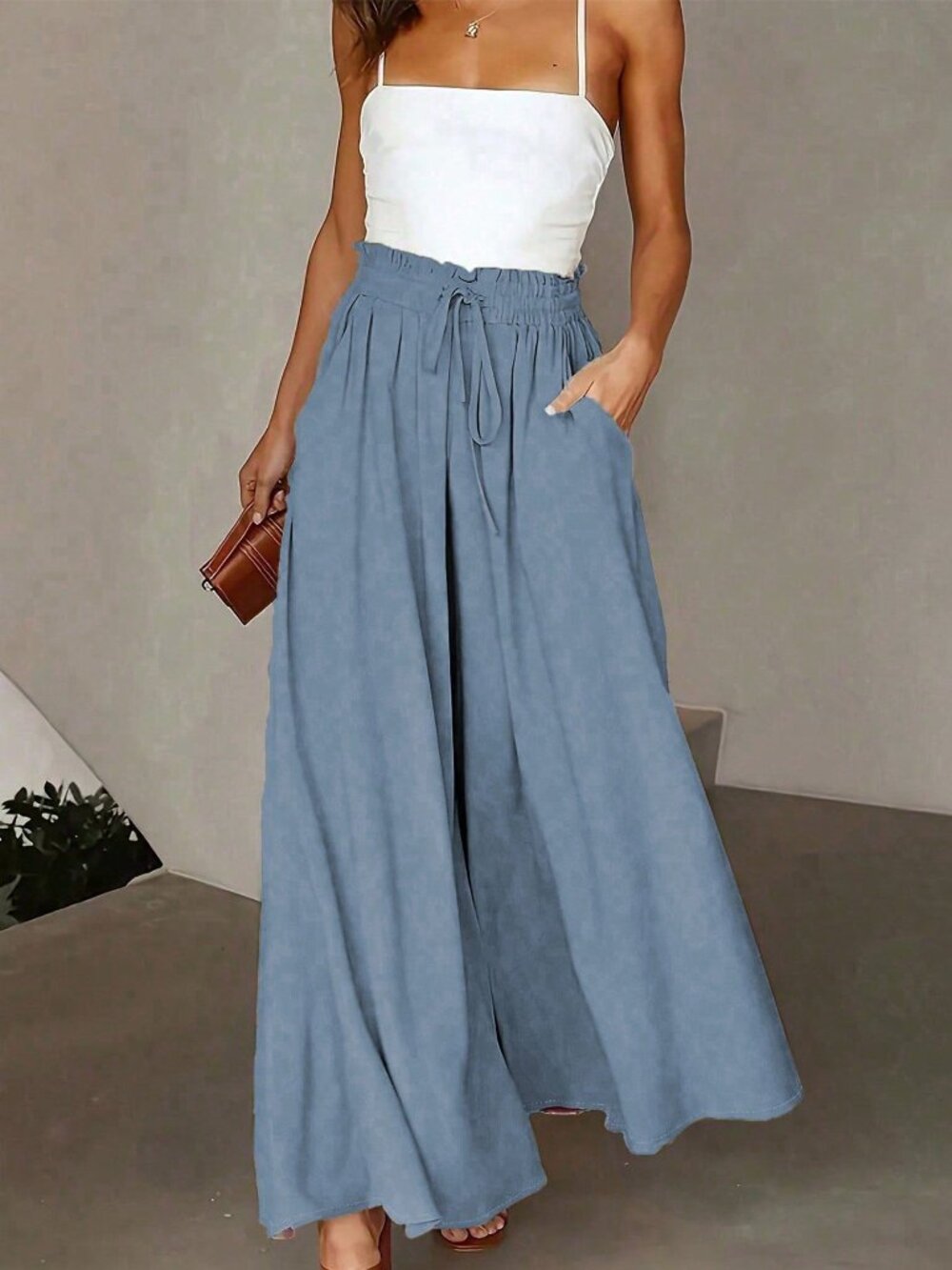 Blue Casual Women's High Waist Tie-Waist Pocked Loose Wide Leg Pants